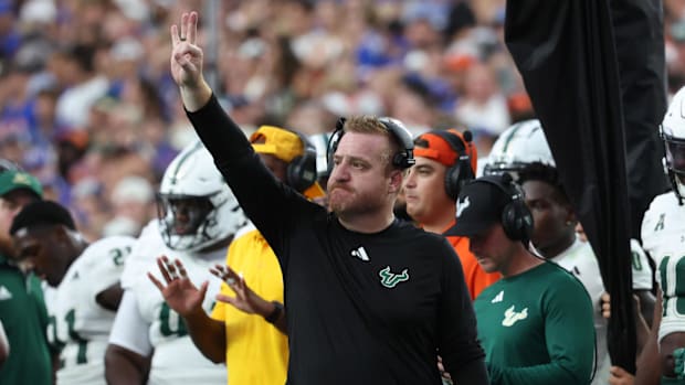 Sep 6, 2025; Gainesville, Florida, USA; South Florida Bulls head coach Alex Golesh against the Florida Gators