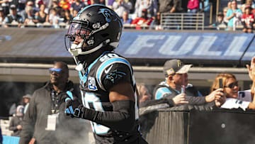 Nov 24, 2024; Charlotte, North Carolina, USA; Carolina Panthers safety Jordan Fuller (20) takes the field against the Kansas City Chiefs during the first quarter at Bank of America Stadium. Mandatory Credit: Jim Dedmon-Imagn Images