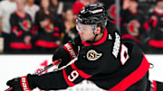 Oct 25, 2024; Las Vegas, Nevada, USA; Ottawa Senators center Josh Norris (9) warms up before a game against the Vegas Golden Knights at T-Mobile Arena. Mandatory Credit: Stephen R. Sylvanie-Imagn Images