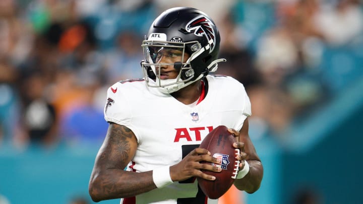 Aug 9, 2024; Miami Gardens, Florida, USA; Atlanta Falcons quarterback Michael Penix Jr. (9) drops back to pass against the Miami Dolphins in the second quarter during preseason at Hard Rock Stadium. 