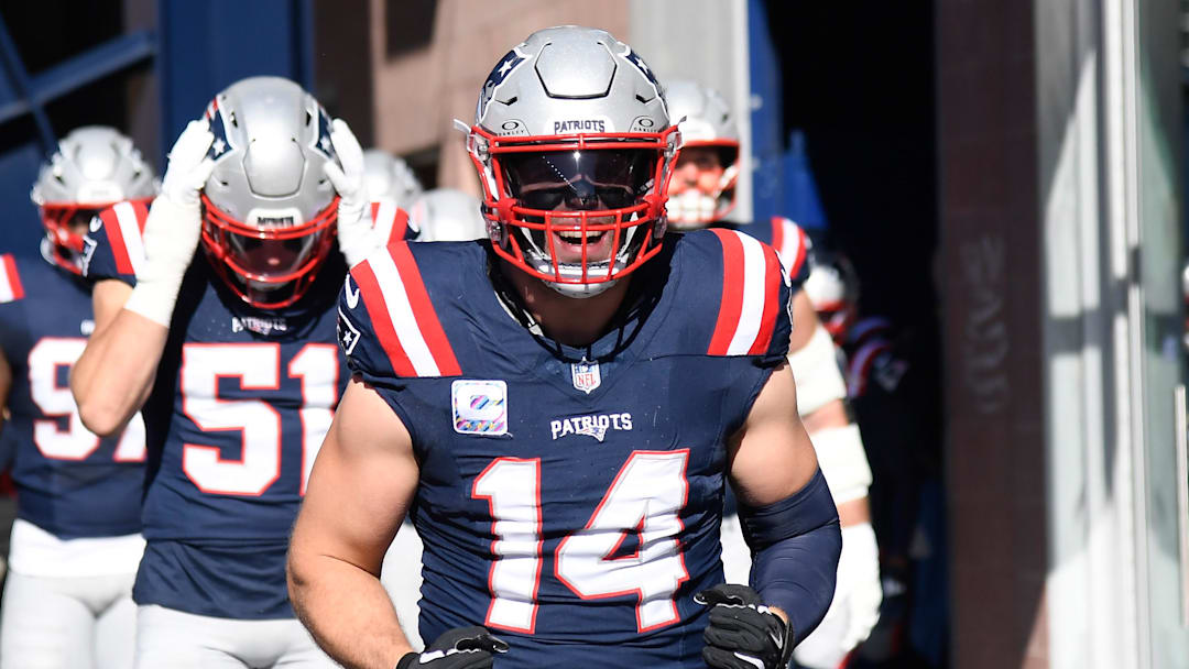 Oct 26, 2025; Foxborough, Massachusetts, USA; New England Patriots linebacker Robert Spillane (14) walks to the field prior to a game against the Cleveland Browns at Gillette Stadium. Mandatory Credit: Bob DeChiara-Imagn Images