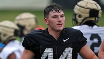 Purdue Boilermakers long snapper Nick Levy (44) jogs off the field Wednesday, July 31, 2024, during Purdue football practice at Bimel Outdoor Practice Complex in West Lafayette, Ind.