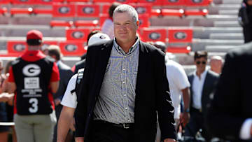 Georgia Offensive Line Coach Stacy Searels enters Sanford Stadium during the Dawg Walk before the start of a NCAA college football game against Tennessee Martin in Athens, Ga., on Saturday, Sept. 2, 2023.