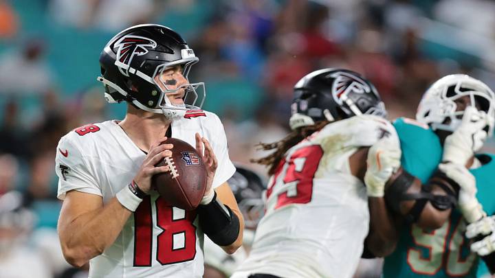 Aug 28, 2026; Miami Gardens, Florida, USA; Atlanta Falcons quarterback Jack Strand (18) looks to throw against the Miami Dolphins during the second half at Hard Rock Stadium. Mandatory Credit: Sam Navarro-Imagn Images