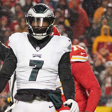 Nov 20, 2023; Kansas City, Missouri, USA; Philadelphia Eagles linebacker Haason Reddick (7) celebrates after a sack against the Kansas City Chiefs during the game at GEHA Field at Arrowhead Stadium. Mandatory Credit: Denny Medley-Imagn Images