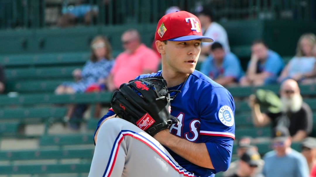 Feb 23, 2026; Tempe, Arizona, USA;  Texas Rangers pitcher Jack Leiter (22) throws in the first inning against the Los Angeles Angels during a spring training game at Tempe Diablo Stadium. Mandatory Credit: Matt Kartozian-Imagn Images