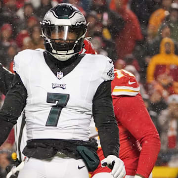 Nov 20, 2023; Kansas City, Missouri, USA; Philadelphia Eagles linebacker Haason Reddick (7) celebrates after a sack against the Kansas City Chiefs during the game at GEHA Field at Arrowhead Stadium. 