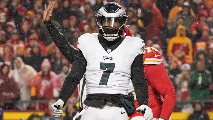 Nov 20, 2023; Kansas City, Missouri, USA; Philadelphia Eagles linebacker Haason Reddick (7) celebrates after a sack against the Kansas City Chiefs during the game at GEHA Field at Arrowhead Stadium. 