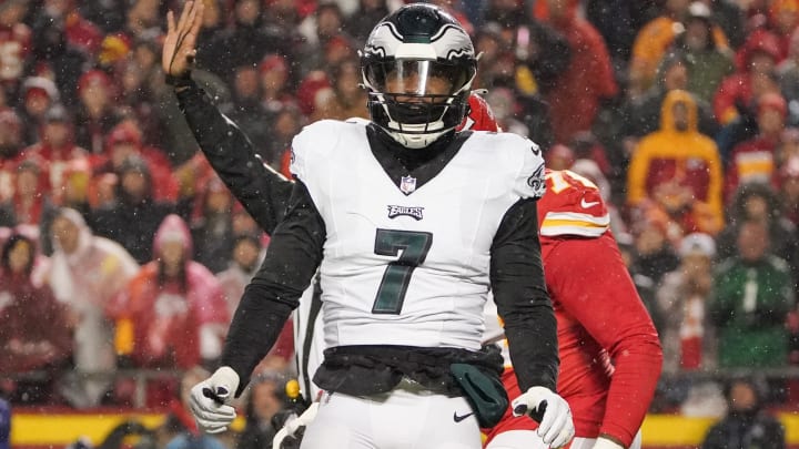 Nov 20, 2023; Kansas City, Missouri, USA; Philadelphia Eagles linebacker Haason Reddick (7) celebrates after a sack against the Kansas City Chiefs during the game at GEHA Field at Arrowhead Stadium.