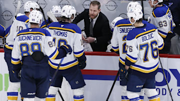 Apr 7, 2025; Winnipeg, Manitoba, CAN; St. Louis Blues assistant coach Steve Ott talks to players during a time out against the Winnipeg Jets in the third period at Canada Life Centre. Mandatory Credit: James Carey Lauder-Imagn Images