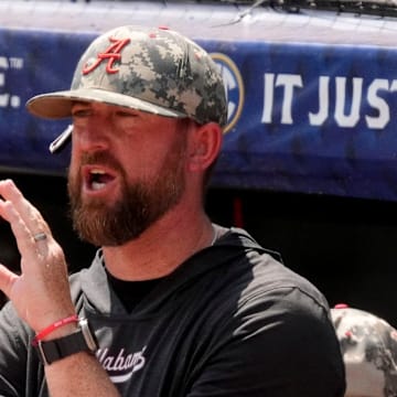 May 20, 2025; Hoover, AL, USA; Alabama head coach Rob Vaughn gives directions from the dugout during the game with Missouri in the first game of the SEC Baseball Tournament at the Hoover Met.