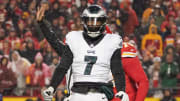 Nov 20, 2023; Kansas City, Missouri, USA; Philadelphia Eagles linebacker Haason Reddick (7) celebrates after a sack against the Kansas City Chiefs during the game at GEHA Field at Arrowhead Stadium.