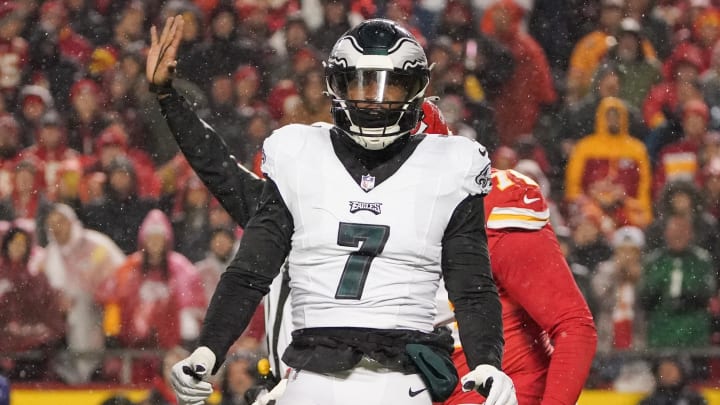 Nov 20, 2023; Kansas City, Missouri, USA; Philadelphia Eagles linebacker Haason Reddick (7) celebrates after a sack against the Kansas City Chiefs during the game at GEHA Field at Arrowhead Stadium.