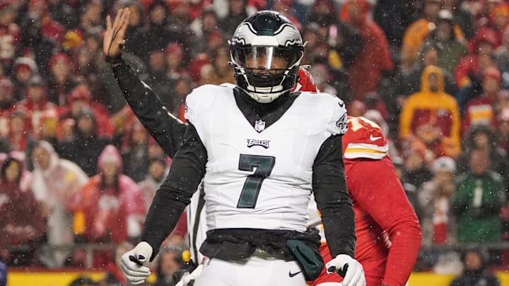 Nov 20, 2023; Kansas City, Missouri, USA; Philadelphia Eagles linebacker Haason Reddick (7) celebrates after a sack against the Kansas City Chiefs during the game at GEHA Field at Arrowhead Stadium. 