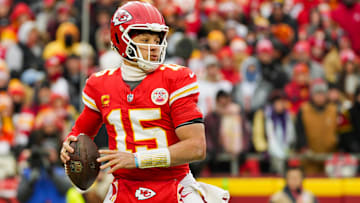 Kansas City Chiefs quarterback Patrick Mahomes (15) drops back to pass during the first half against the Houston Texans in a 2025 AFC divisional round game at GEHA Field at Arrowhead Stadium.