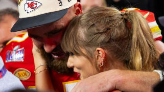 Feb 11, 2024; Paradise, Nevada, USA; Kansas City Chiefs tight end Travis Kelce (87) celebrates with girlfriend Taylor Swift after defeating the San Francisco 49ers in Super Bowl LVIII at Allegiant Stadium. Mandatory Credit: Mark J. Rebilas-USA TODAY Sports