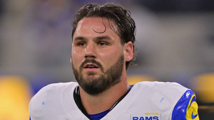 Nov 23, 2025; Inglewood, California, USA; Los Angeles Rams tight end Colby Parkinson (84) warms up before the game against the Tampa Bay Buccaneers at SoFi Stadium. Mandatory Credit: Jayne Kamin-Oncea-Imagn Images