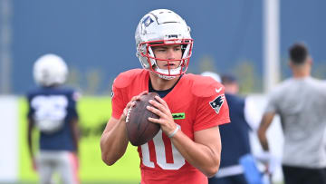 Aug 03, 2024; Foxborough, MA, USA; New England Patriots quarterback Drake Maye (10) throws a pass during training camp at Gillette Stadium. Mandatory Credit: Eric Canha-USA TODAY Sports