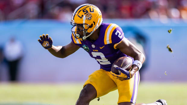 LSU Tigers wide receiver Kyren Lacy catches a pass during a college football game in the SEC.