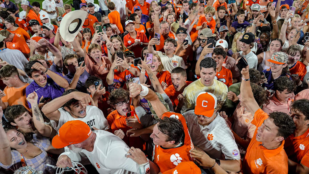 Clemson quarterback Cade Klubnik (2) celebrates with fans after the game at Memorial Stadium Saturday, September 6, 2025 in Clemson, S.C.