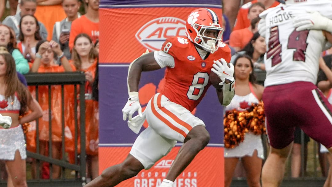 Clemson running back Adam Randall (8) returns a kickoff against Troy during the second quarter at Memorial Stadium in Clemson, S.C. Saturday, September 6, 2025.