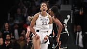 Oct 1, 2024; Brooklyn, New York, USA; Las Vegas Aces center A'ja Wilson (22) reacts after missing a jump shot in the fourth quarter during game two of the 2024 WNBA Semi-finals against the New York Liberty at Barclays Center. 