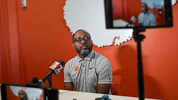 Clemson cornerbacks coach Mike Reed speaks during Clemson football media day at the Poe Indoor Facility in Clemson, SC Tuesday, July 15, 2025.