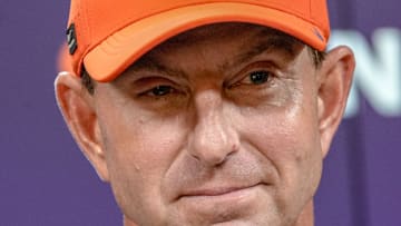 Clemson Head Coach Dabo Swinney talks with media after practice in Clemson, S.C. Wednesday, August 6, 2025.