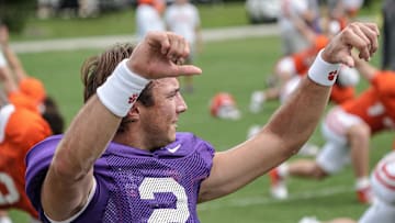 Clemson quarterback Cade Klubnik (2) warms up during Clemson football 2025 practice at Jervey Meadows in Clemson, S.C. Wednesday, August 6, 2025.