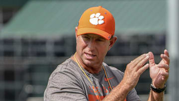 Clemson head coach Dabo Swinney during Clemson football 2025 practice at Jervey Meadows in Clemson, S.C. Wednesday, August 6, 2025.