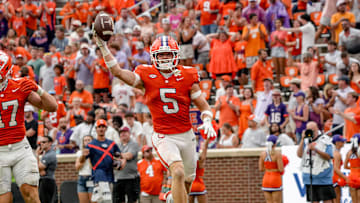 Clemson defensive back Ronan Hanafin (5) intercepts a ball against Troy during the third quarter at Memorial Stadium in Clemson, S.C. Saturday, September 6, 2025.