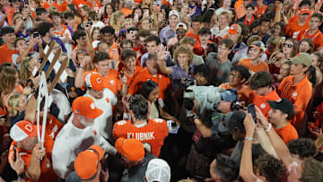 Clemson quarterback Cade Klubnik (2) celebrates with fans after the game at Memorial Stadium Saturday, September 6, 2025 in Clemson, S.C.