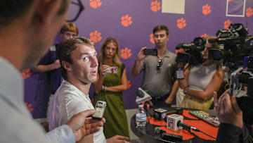 Clemson quarterback Cade Klubnik (2) talks with media after the game at Memorial Stadium Saturday, September 6, 2025 in Clemson, S.C.