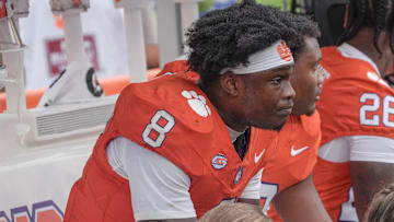 Sep 20, 2025; Clemson, South Carolina, USA; Clemson running back Adam Randall (8) sits on the bench at the end of the third quarter against the Syracuse Orange at Memorial Stadium. Mandatory Credit: Ken Ruinard/GREENVILLE NEWS-USA TODAY Network via Imagn Images