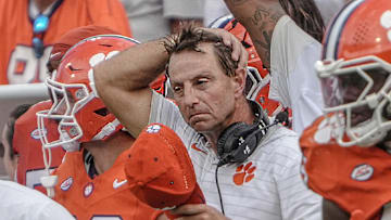 Sep 20, 2025; Clemson, South Carolina, USA; Clemson Tigers head coach Dabo Swinney late in the game against the Syracuse Orange at Memorial Stadium. Mandatory Credit: Ken Ruinard/GREENVILLE NEWS-USA TODAY Network via Imagn Images