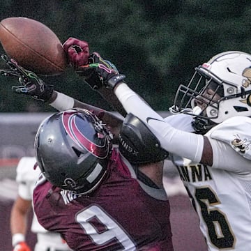 T.L. Hanna High sophomore Demiyus Thomas (26) breaks up a pass for Westside High freshman Jae White (9) during the first quarter at Westside Stadium in Anderson, S.C. Friday, September 5, 2025.