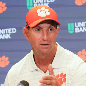 Clemson head coach Dabo Swinney talks with media after the game at Memorial Stadium Saturday, September 6, 2025 in Clemson, S.C.