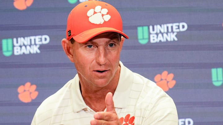 Clemson head coach Dabo Swinney talks with media after the game at Memorial Stadium Saturday, September 6, 2025 in Clemson, S.C.