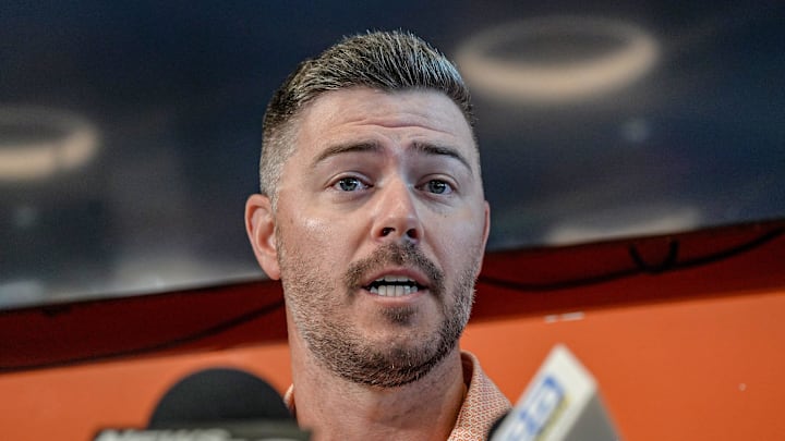 Clemson offensive coordinator Garrett Riley talks with media during Clemson football media day at the Poe Indoor Facility in Clemson, SC Tuesday, July 15, 2025.
