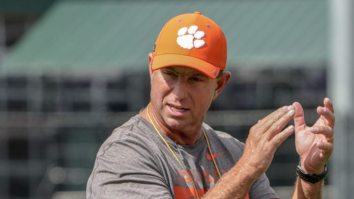 Clemson head coach Dabo Swinney during Clemson football 2025 practice at Jervey Meadows in Clemson, S.C. Wednesday, August 6, 2025.