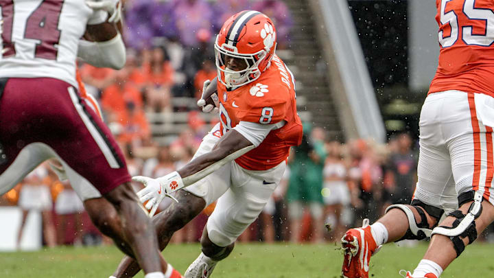 Clemson running back Adam Randall (8) slips against Troy during the second quarter at Memorial Stadium in Clemson, S.C. Saturday, September 6, 2025.