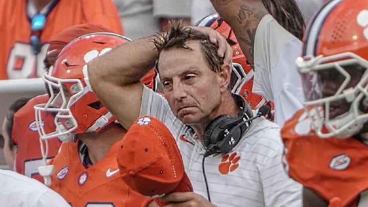 Sep 20, 2025; Clemson, South Carolina, USA; Clemson Tigers head coach Dabo Swinney late in the game against the Syracuse Orange at Memorial Stadium. Mandatory Credit: Ken Ruinard/GREENVILLE NEWS-USA TODAY Network via Imagn Images