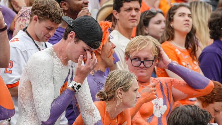 Sep 20, 2025; Clemson, South Carolina, USA; Clemson Tigers fans late in the game against the Syracuse Orange at Memorial Stadium. Mandatory Credit: Ken Ruinard/GREENVILLE NEWS-USA TODAY Network via Imagn Images