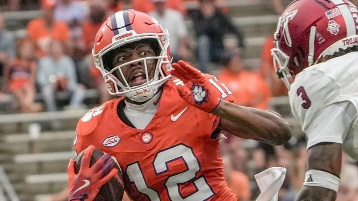 Clemson wide receiver Bryant Wesco Jr. (12) runs after a catch playing Troy during the third quarter at Memorial Stadium in Clemson, S.C. Saturday, September 6, 2025.