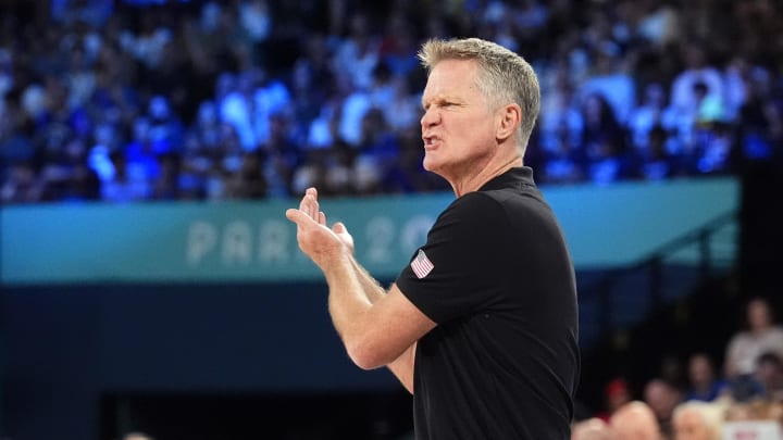 Aug 8, 2024; Paris, France; United States head coach Steve Kerr reacts during the first half against Serbia in a men's basketball semifinal game during the Paris 2024 Olympic Summer Games at Accor Arena. 