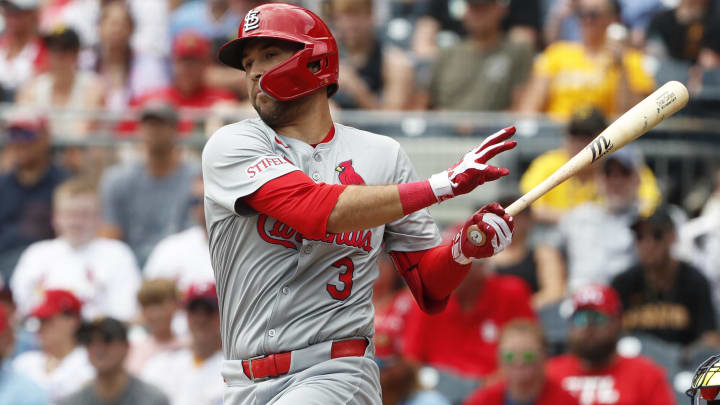 Jul 4, 2024; Pittsburgh, Pennsylvania, USA; St. Louis Cardinals center fielder Dylan Carlson (3) hits an RBI double against the Pittsburgh Pirates during the second inning at PNC Park. Mandatory Credit: Charles LeClaire-USA TODAY Sports