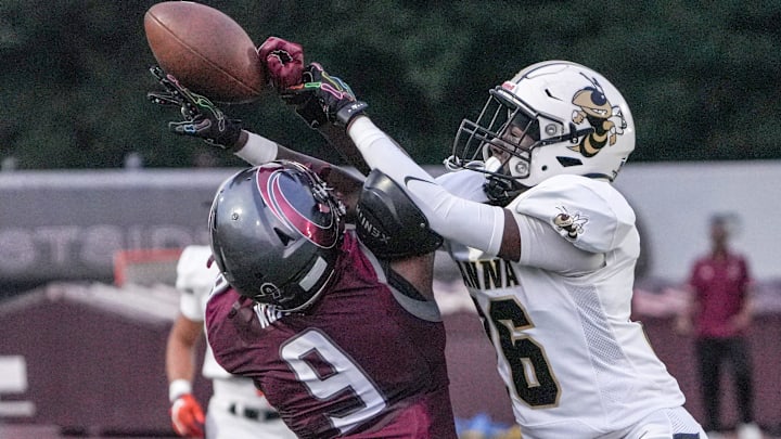 T.L. Hanna High breaks up a pass for Westside High during the first quarter at Westside Stadium in Anderson, S.C. Friday, September 5, 2025.