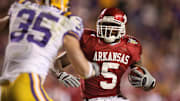 Arkansas tailback Darren McFadden (5) carries against the LSU Tigers in overtime at Tiger Stadium. The Arkansas Razorbacks defeated the Tigers 50-48 in triple overtime.