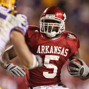 Arkansas tailback Darren McFadden (5) carries against the LSU Tigers in overtime at Tiger Stadium. The Arkansas Razorbacks defeated the Tigers 50-48 in triple overtime.