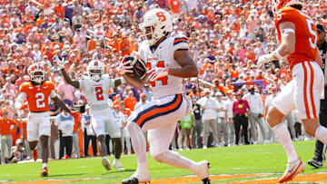 Sep 20, 2025; Clemson, South Carolina, USA; Syracuse Orange running back Will Nixon (24) scores a touchdown agains the Clemson Tigers during the second quarter at Memorial Stadium. Mandatory Credit: Ken Ruinard/GREENVILLE NEWS-USA TODAY Network via Imagn Images